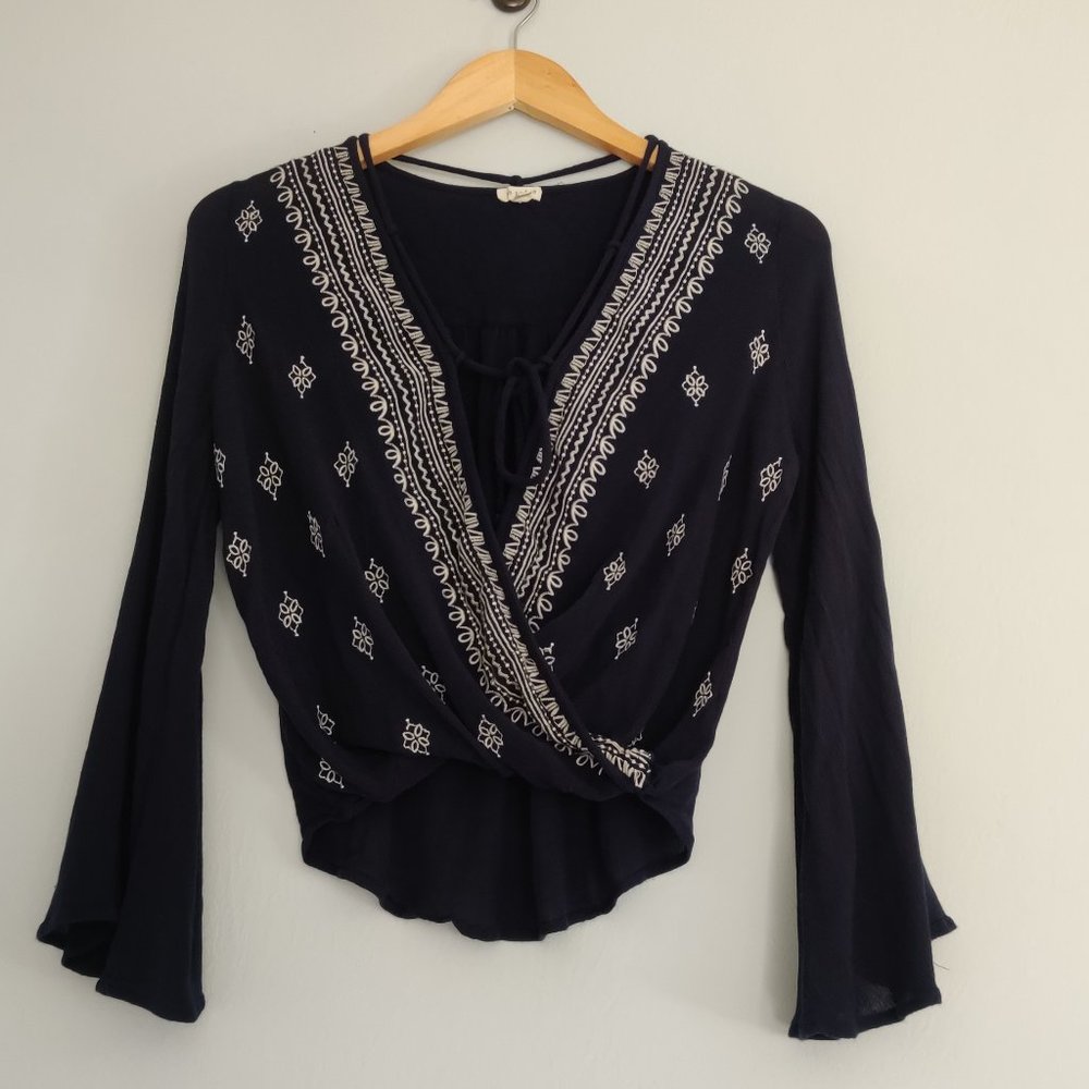 En Creme Boho Wrap Top Embroidered with Bell Sleeves Crop Top